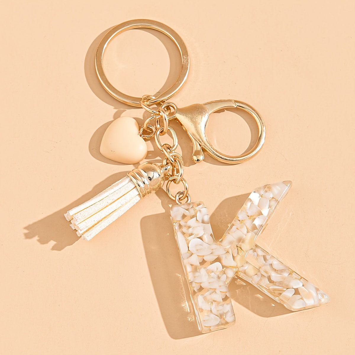 Epoxy Letter Keychain with Tassel and Heart Charm