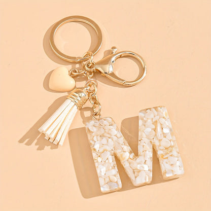 Epoxy Letter Keychain with Tassel and Heart Charm