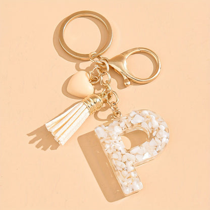 Epoxy Letter Keychain with Tassel and Heart Charm