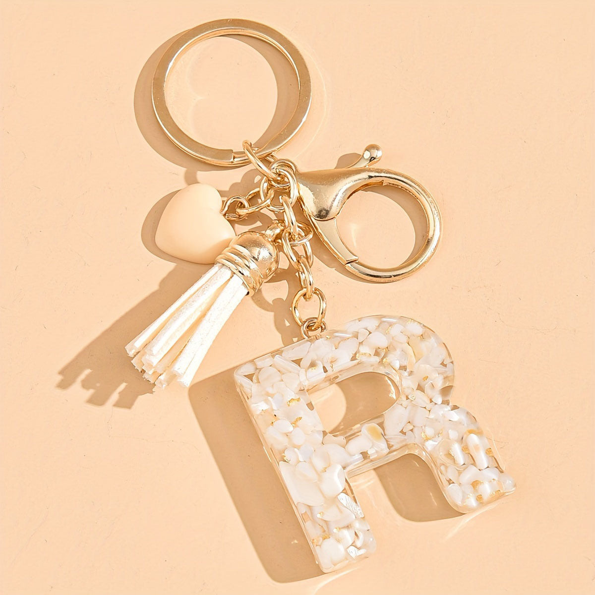 Epoxy Letter Keychain with Tassel and Heart Charm
