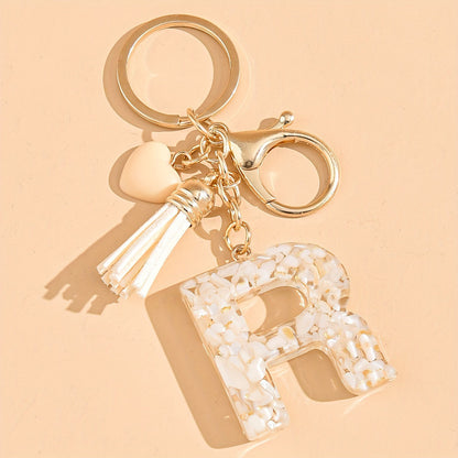 Epoxy Letter Keychain with Tassel and Heart Charm