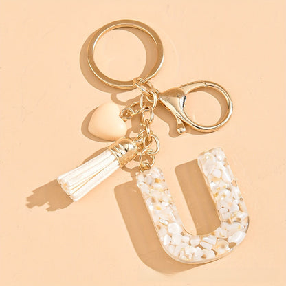 Epoxy Letter Keychain with Tassel and Heart Charm