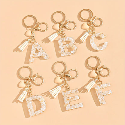 Epoxy Letter Keychain with Tassel and Heart Charm