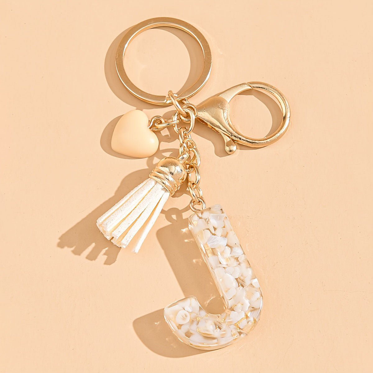 Epoxy Letter Keychain with Tassel and Heart Charm
