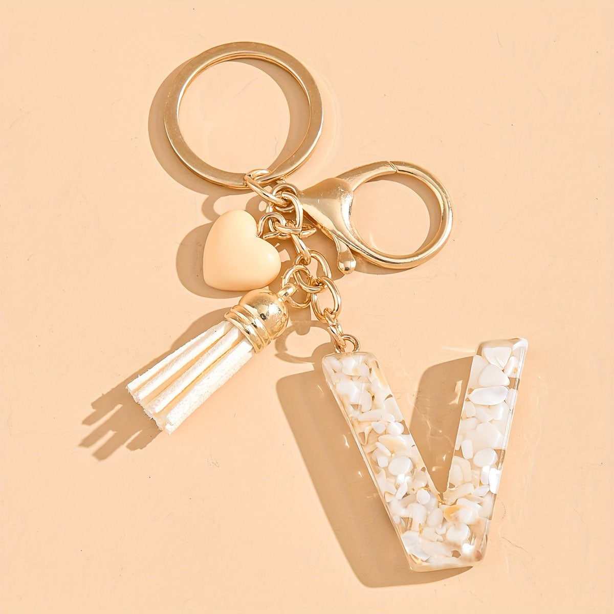 Epoxy Letter Keychain with Tassel and Heart Charm