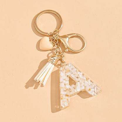 Epoxy Letter Keychain with Tassel and Heart Charm