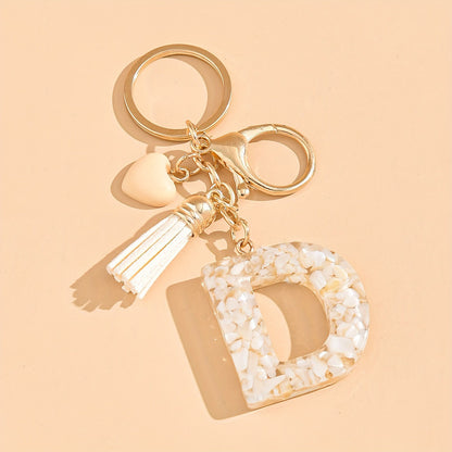 Epoxy Letter Keychain with Tassel and Heart Charm