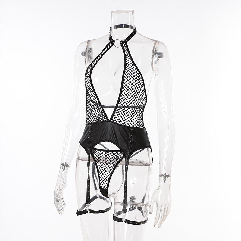 Erotic underwear, fishing net, hollowed-out, seductive patchwork leather one-piece suit