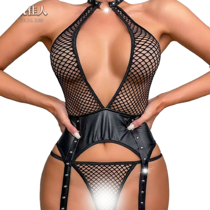 Erotic underwear, fishing net, hollowed-out, seductive patchwork leather one-piece suit