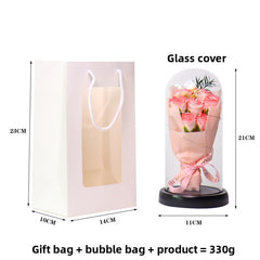 7 Lychee Pink Roses Glass Dome, Lights, Gift Bag