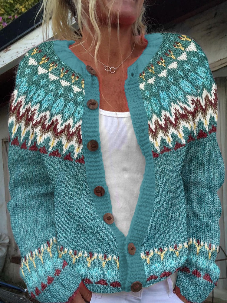 Ethnic Jacquard Knit Cardigan Women Long Sleeve Retro Style