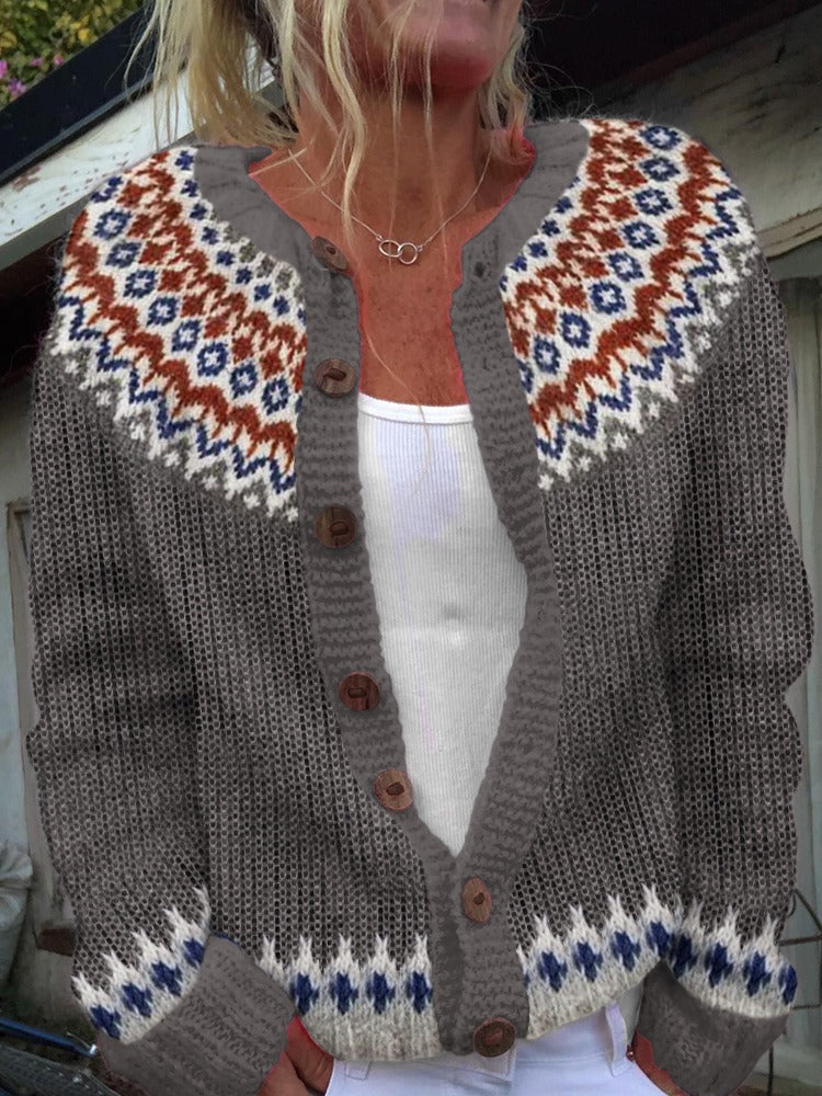 Ethnic Jacquard Knit Cardigan Women Long Sleeve Retro Style