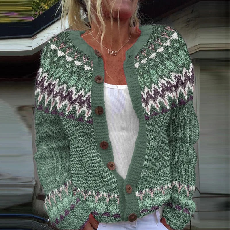 Ethnic Jacquard Knit Cardigan Women Long Sleeve Retro Style