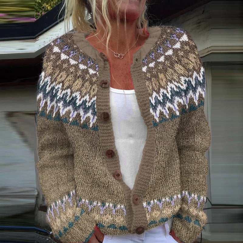 Ethnic Jacquard Knit Cardigan Women Long Sleeve Retro Style