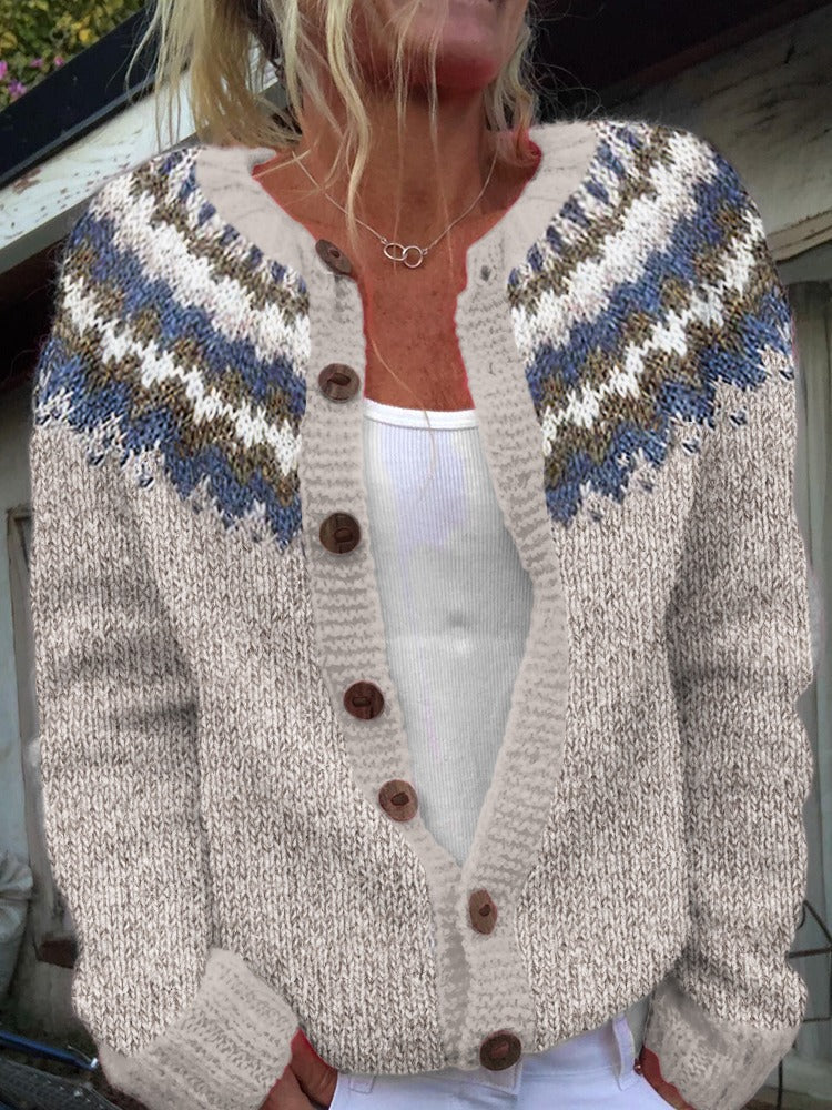 Ethnic Jacquard Knit Cardigan Women Long Sleeve Retro Style