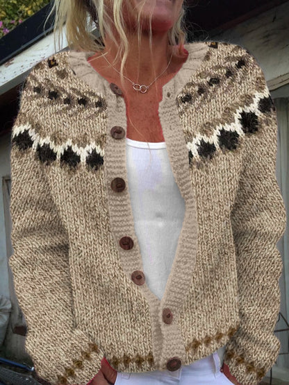Ethnic Jacquard Knit Cardigan Women Long Sleeve Retro Style