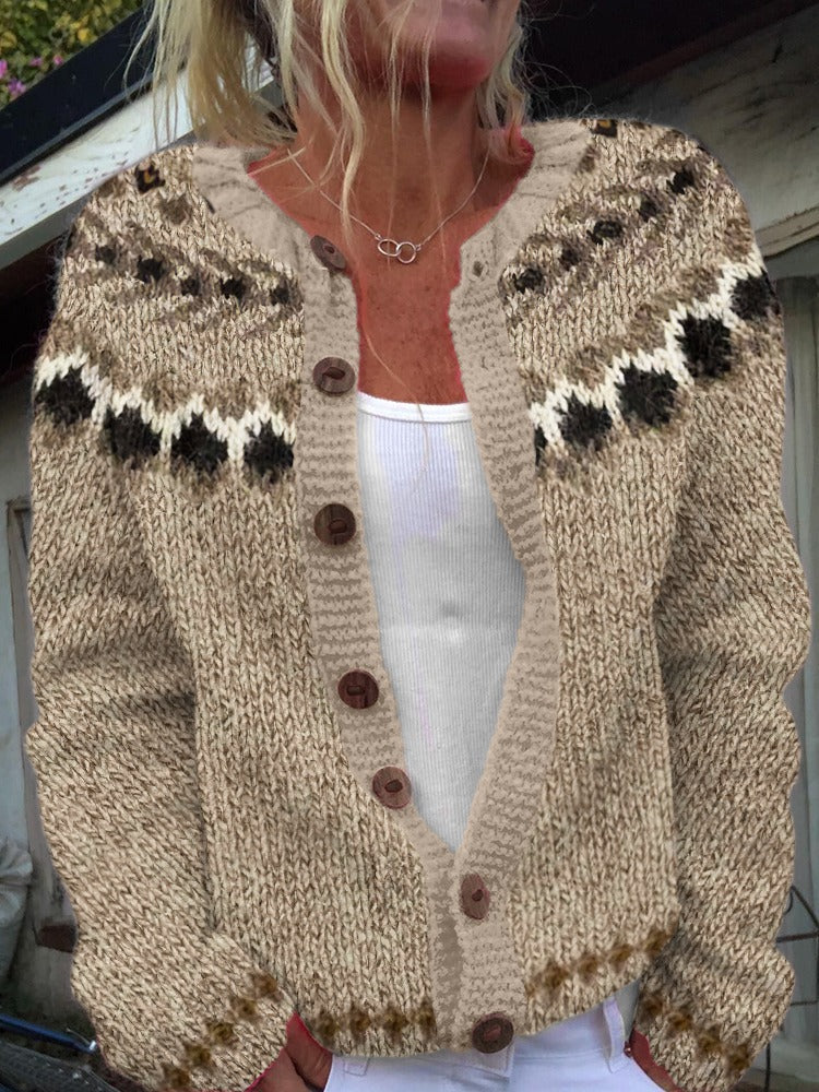 Ethnic Jacquard Knit Cardigan Women Long Sleeve Retro Style