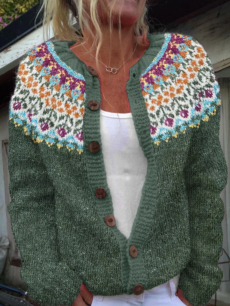 Ethnic Jacquard Knit Cardigan Women Long Sleeve Retro Style