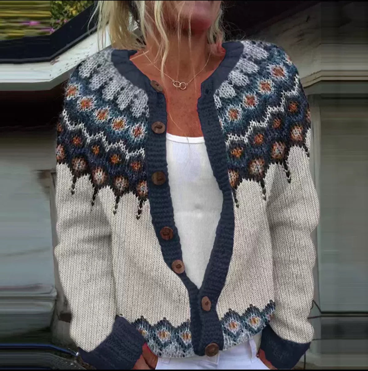 Ethnic Jacquard Knit Cardigan Women Long Sleeve Retro Style