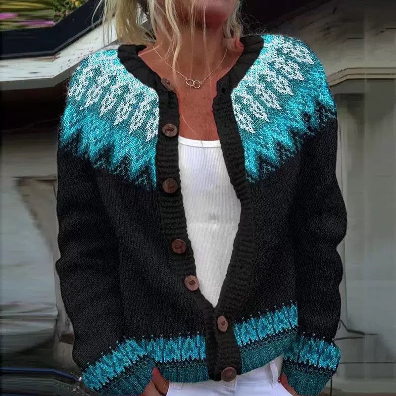 Ethnic Jacquard Knit Cardigan Women Long Sleeve Retro Style