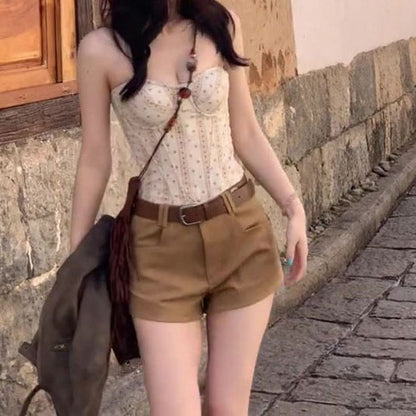 Ethnic Print Strapless Top and Denim Shorts Set
