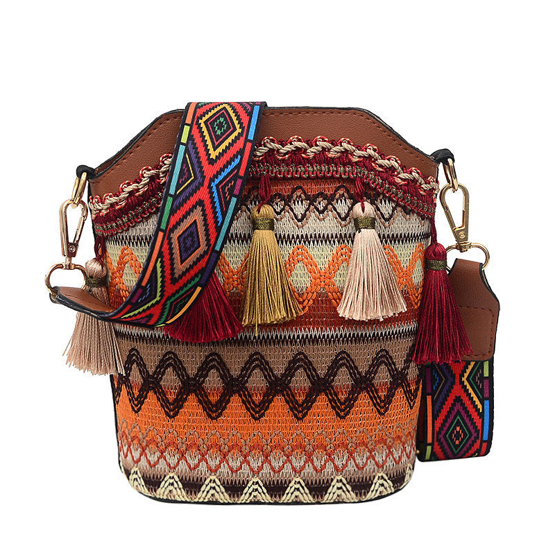 Ethnic-style Woven Tassel Bucket Bag