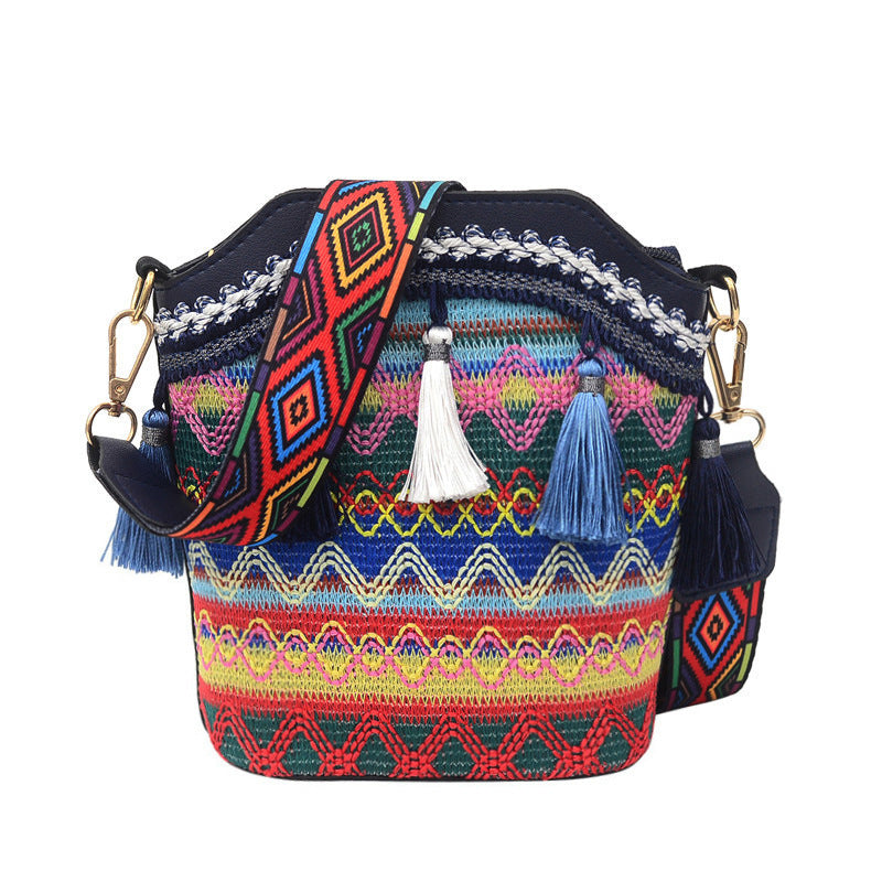 Ethnic-style Woven Tassel Bucket Bag