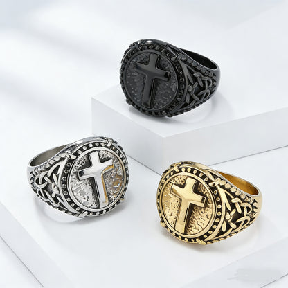 European American Retro Titanium Steel Cross Shape Ring for Men