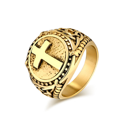 European American Retro Titanium Steel Cross Shape Ring for Men