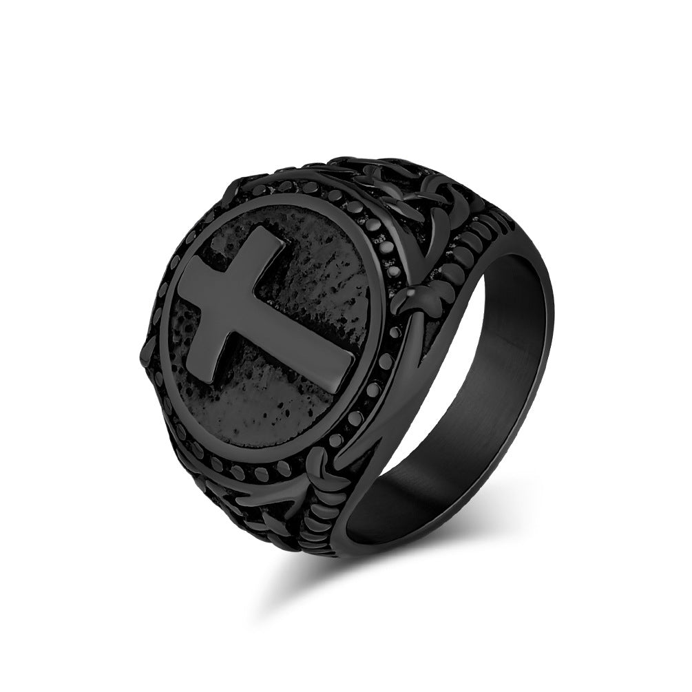 European American Retro Titanium Steel Cross Shape Ring for Men