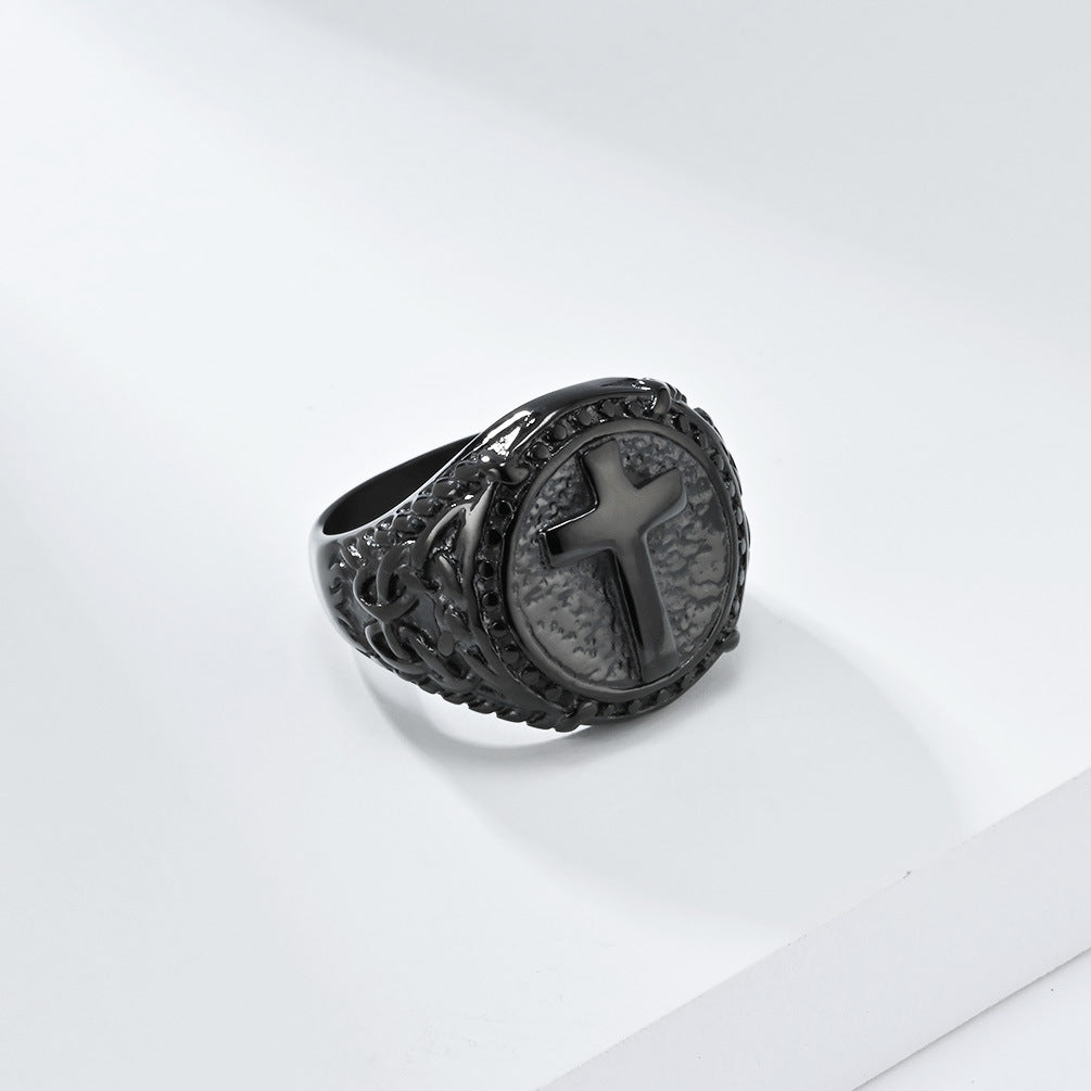 European American Retro Titanium Steel Cross Shape Ring for Men
