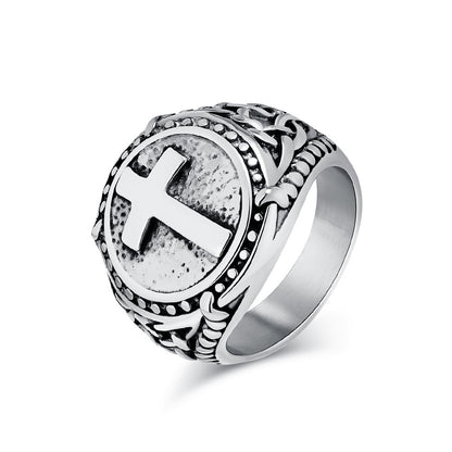 European American Retro Titanium Steel Cross Shape Ring for Men