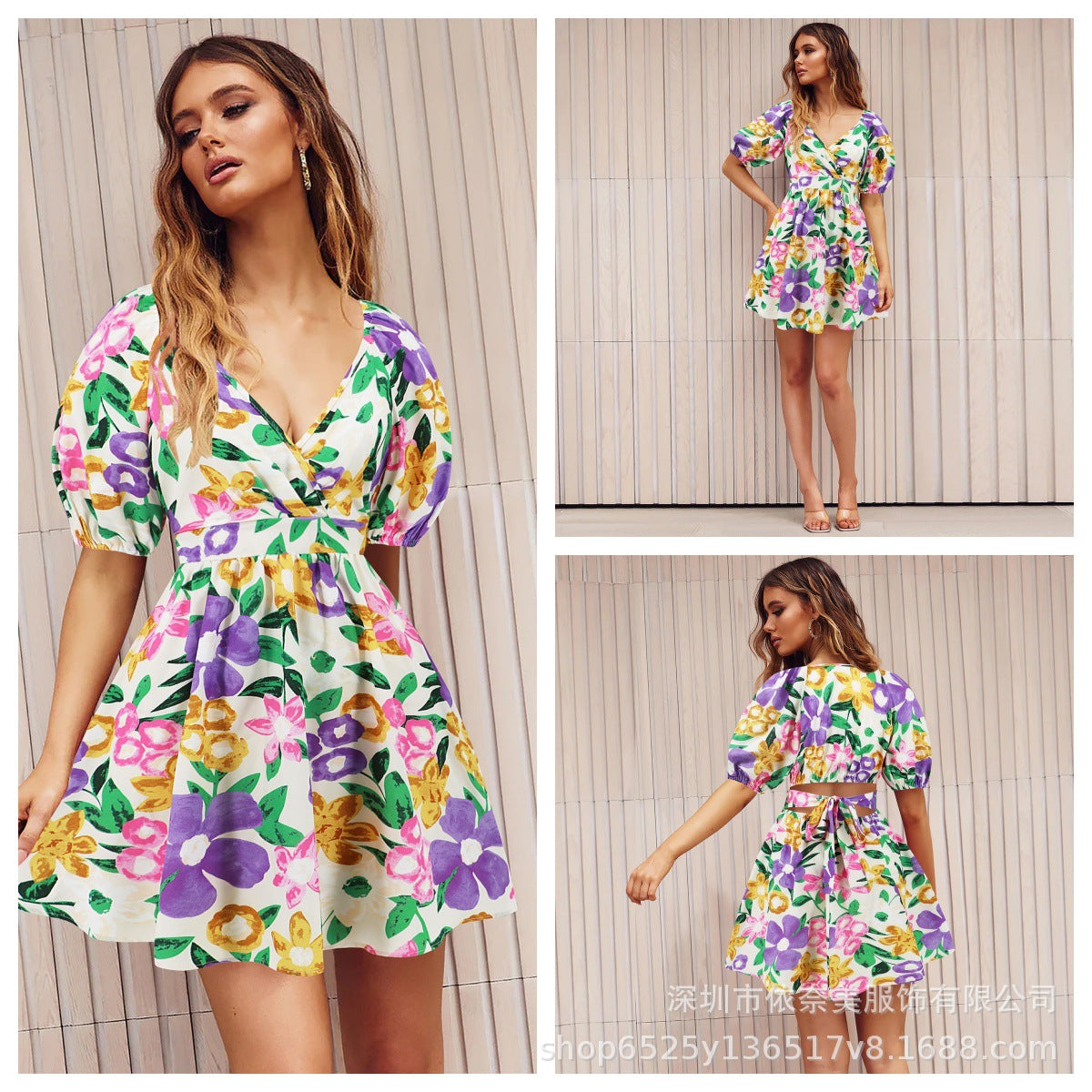 European and American Amazon Popular Women's Summer New V Neck Printed Beach Skirt Vacation Casual Short Dress