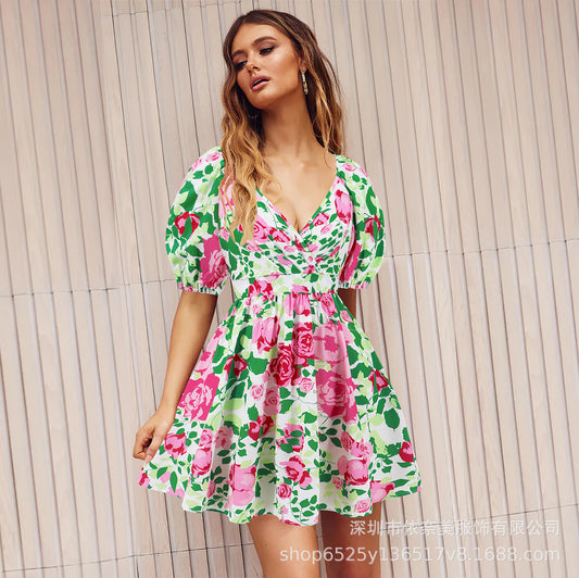 European and American Amazon Popular Women's Summer New V Neck Printed Beach Skirt Vacation Casual Short Dress