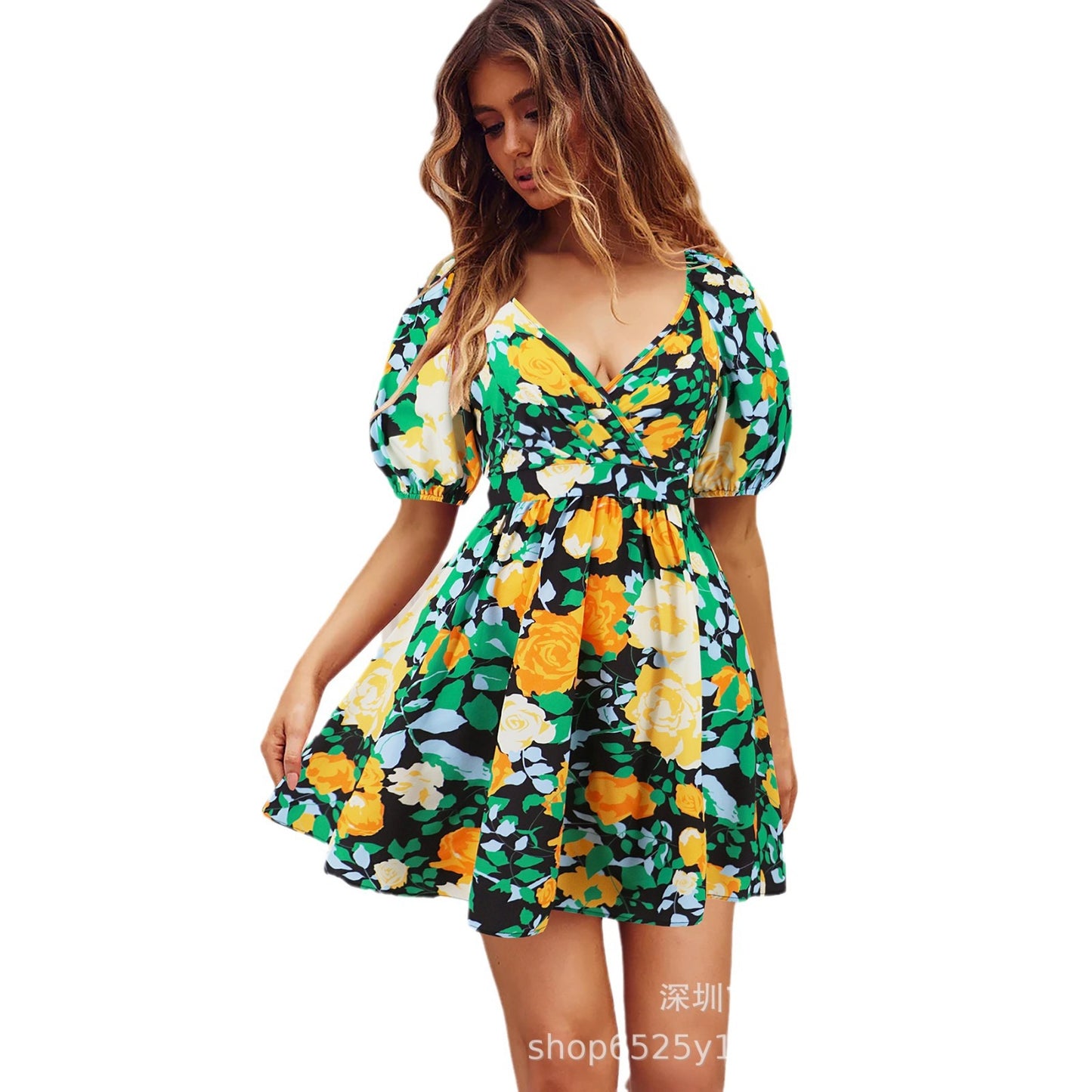 European and American Amazon Popular Women's Summer New V Neck Printed Beach Skirt Vacation Casual Short Dress