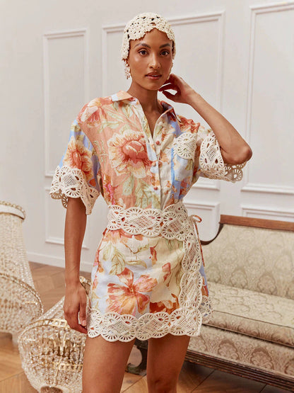 European and American Cross-Border 2026 New Fashion Stylish Versatile Lace Shirt and Linen Short Skirt Set on Amazon and Aliexpress