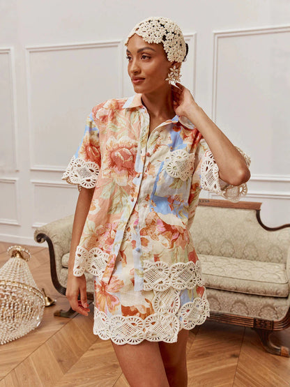 European and American Cross-Border 2026 New Fashion Stylish Versatile Lace Shirt and Linen Short Skirt Set on Amazon and Aliexpress