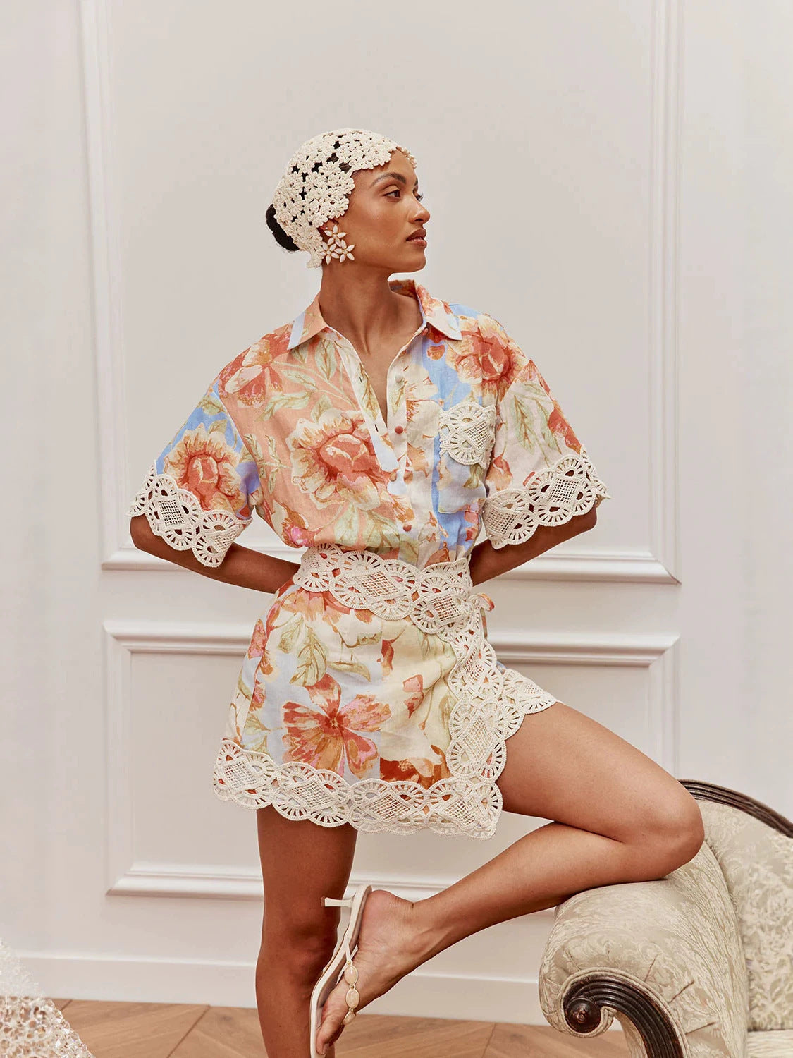 European and American Cross-Border 2026 New Fashion Stylish Versatile Lace Shirt and Linen Short Skirt Set on Amazon and Aliexpress