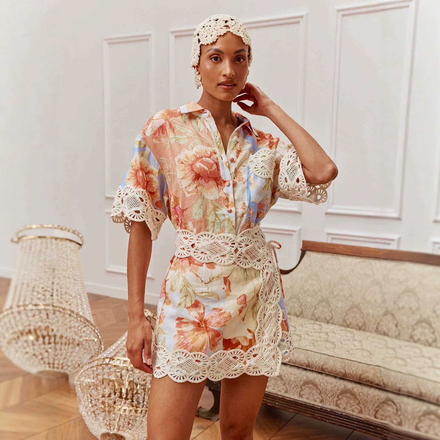 European and American Cross-Border 2026 New Fashion Stylish Versatile Lace Shirt and Linen Short Skirt Set on Amazon and Aliexpress