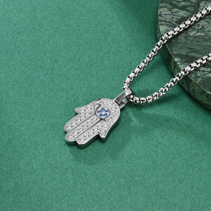 European and American Cross-border Classic Hand of Fatima CNC Full Diamond Titanium Steel Unisex Pendant Necklace Jewelry