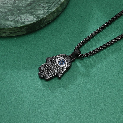 European and American Cross-border Classic Hand of Fatima CNC Full Diamond Titanium Steel Unisex Pendant Necklace Jewelry