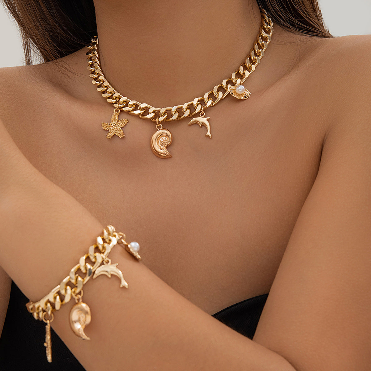 European and American Cross-border Jewelry Ocean Wind Dolphin Shell Imitation Pearl Necklace Women Mix and Match Beach Starfish Pendant Necklace