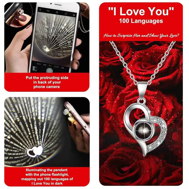 European and American Hot-Selling New Projection Ins Fashion 100 Languages I Love You Heart Necklace Valentine's Day Gift