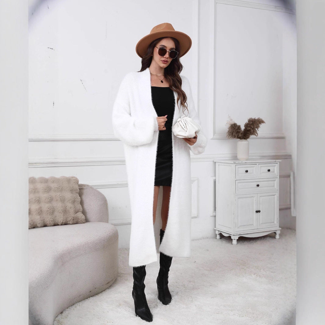 European and American Long Pure Color Knitted Cardigan
