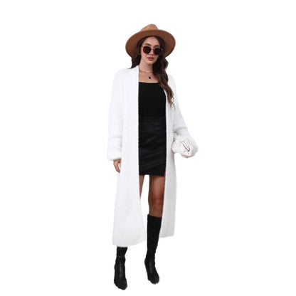 European and American Long Pure Color Knitted Cardigan