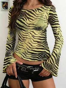 European and American New Style Cross-Border Color-Block Striped See-Through Slim-Fit Sexy Versatile Top Base Shirt Women's Clothing in Stock Supply
