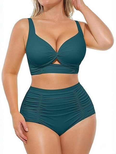 European and American Style Plus-Size High-Waisted Tummy Control Bikini Swimsuit for Women, Push-Up, Wireless, Two-Piece, Conservative Swimwear, Slimming for Plus-Size Women
