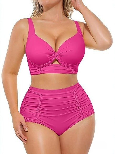 European and American Style Plus-Size High-Waisted Tummy Control Bikini Swimsuit for Women, Push-Up, Wireless, Two-Piece, Conservative Swimwear, Slimming for Plus-Size Women