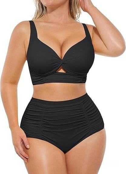 European and American Style Plus-Size High-Waisted Tummy Control Bikini Swimsuit for Women, Push-Up, Wireless, Two-Piece, Conservative Swimwear, Slimming for Plus-Size Women