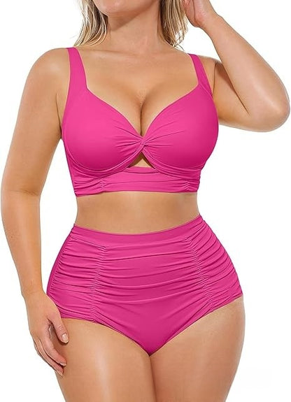 European and American Style Plus-Size High-Waisted Tummy Control Bikini Swimsuit for Women, Push-Up, Wireless, Two-Piece, Conservative Swimwear, Slimming for Plus-Size Women